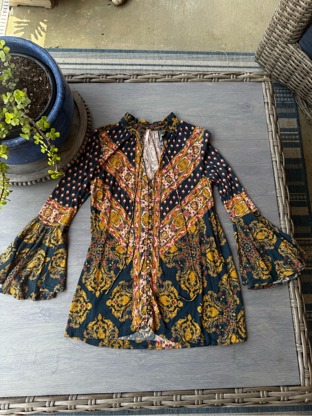 Free People Navy and Mustard Floral Boho Tunic